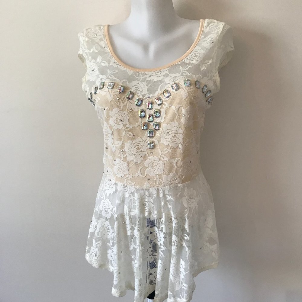 Benefit Sheer Floral Stretch Cream Lace Sweetheart Corset Top Shirt Sz Small